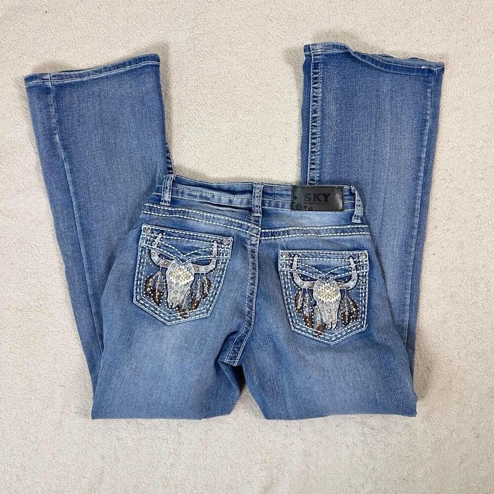 Sky Boho Western Longhorn Rhinestone Bling Bootcut Jeans